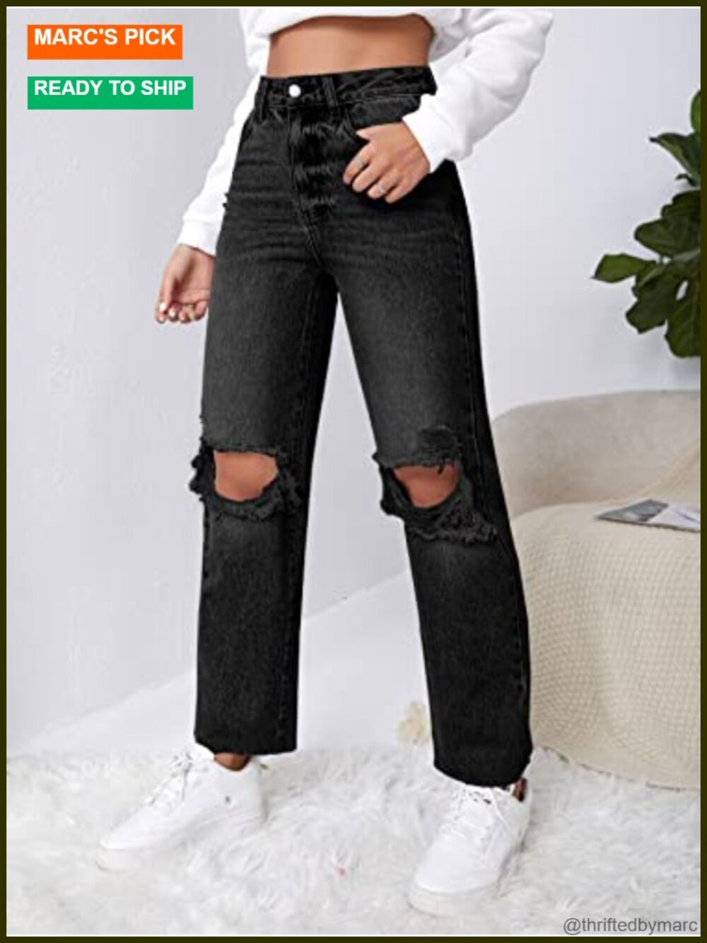 High Rise Ripped Cropped Straight Leg Denim Jeans - Picture 4 of 6